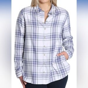 JACHS Girlfriend Blue and White Flannel Plaid Shirt Fleece Lined Pockets XL